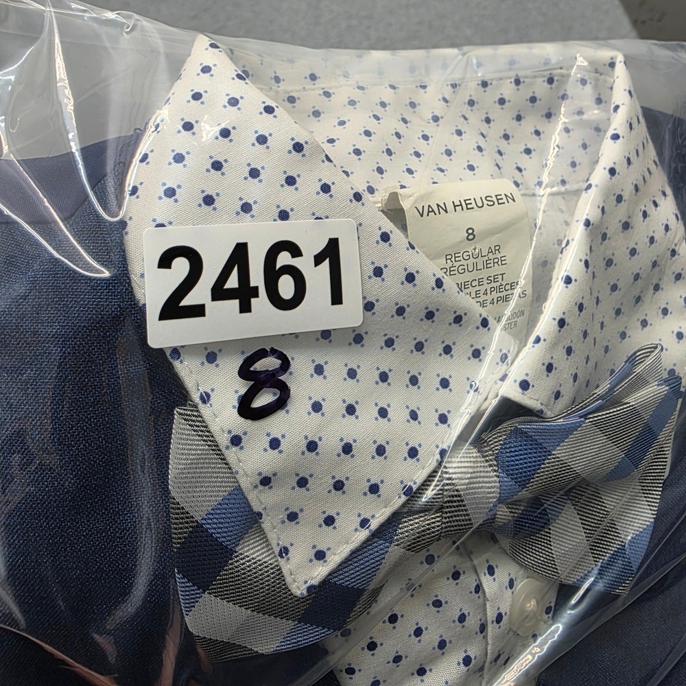 Van Heusen Boy Size 8 3 Piece Dress Set Blue Plaid Bow Tie White Dot Shirt Vest - Picture 12 of 12